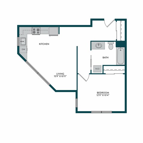A floor plan of a living space showing a kitchen, bathroom and bedroom.